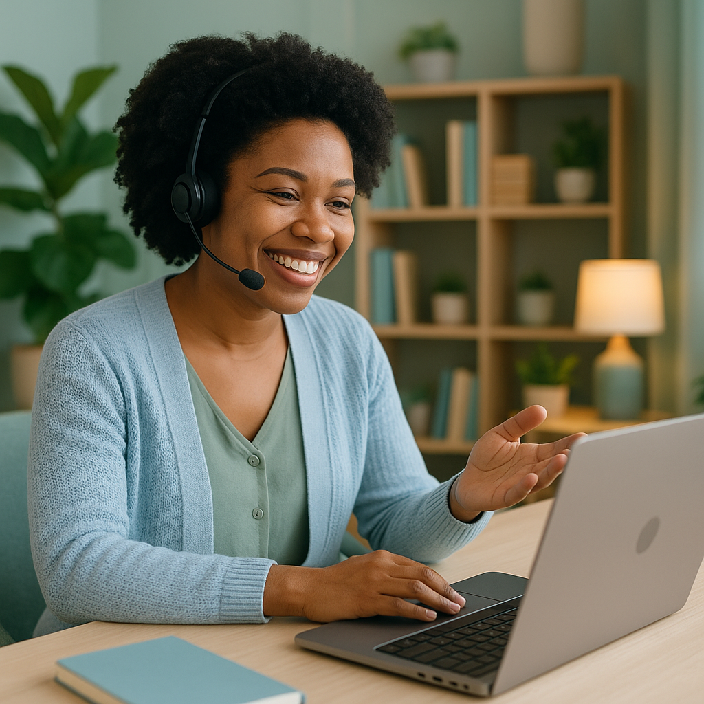 Happy therapist on a video call